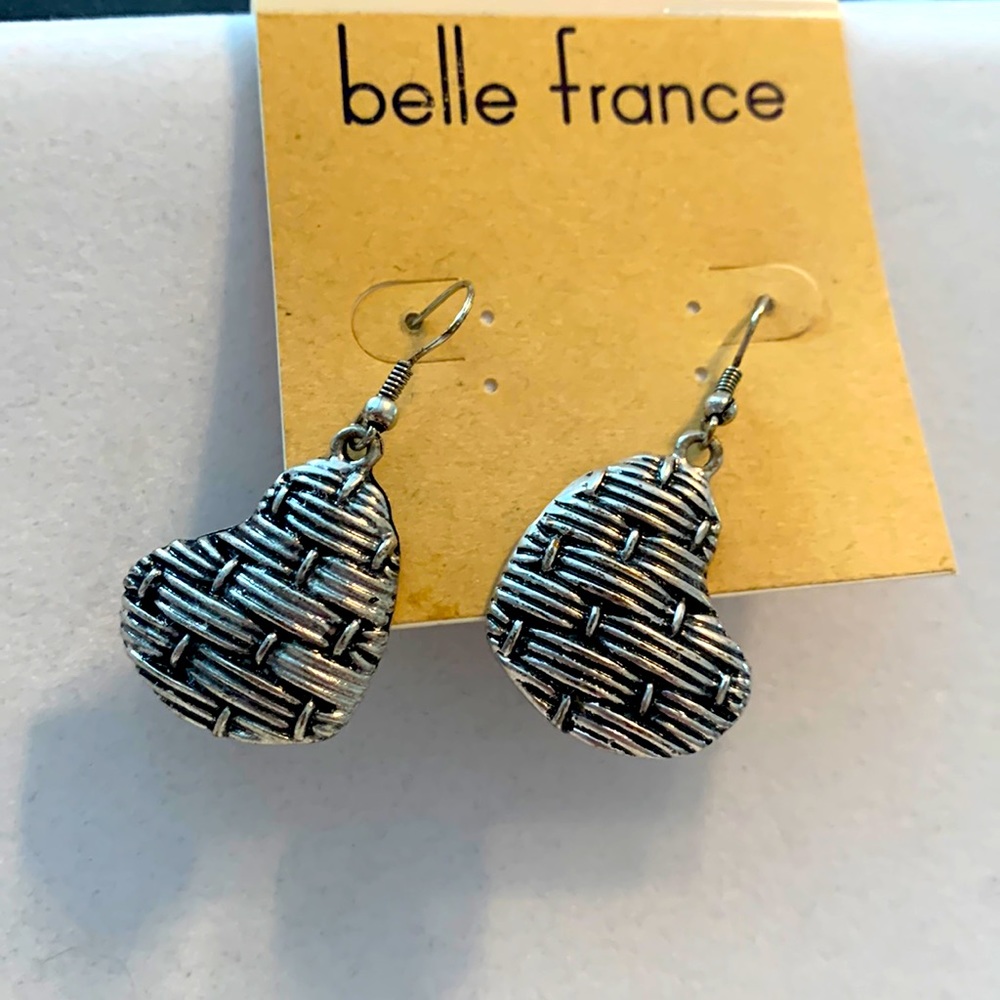 Belle France Silver Tone Basket Weave Heart Shaped Drop Earrings